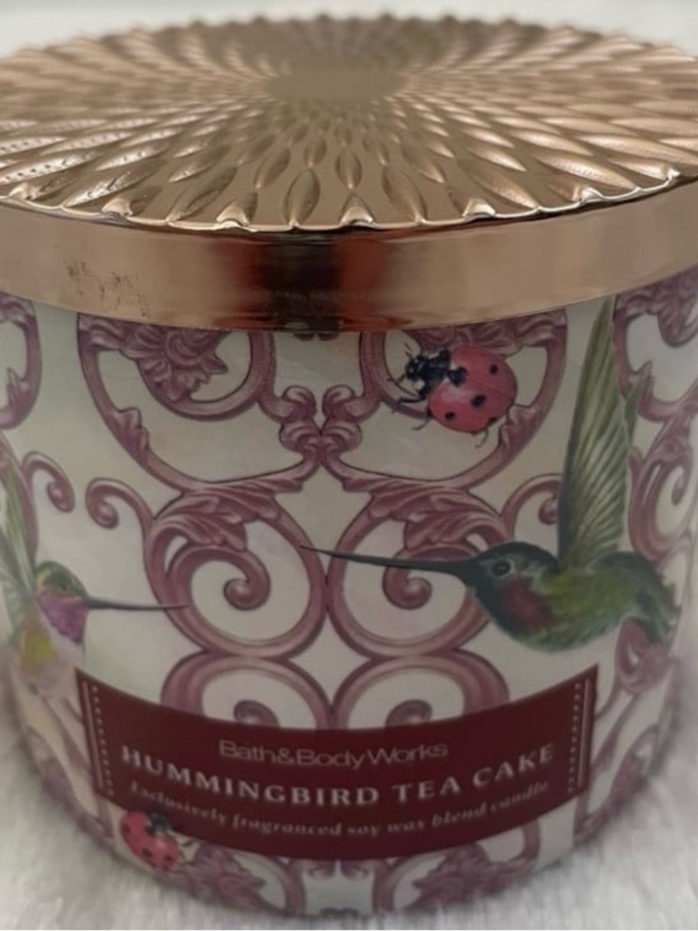 Bath & Body Works Hummingbird Tea Cake Candle - Pink, Green, Rose Gold Lid